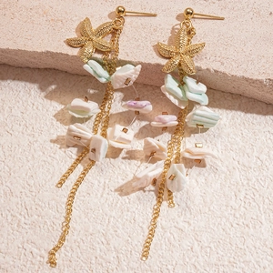 Starfish and shell tassel earrings in gold with colorful beads for beach vacation style