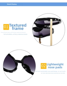 Detail view of round wavy black frame sunglasses with gold metal temples and nose pads