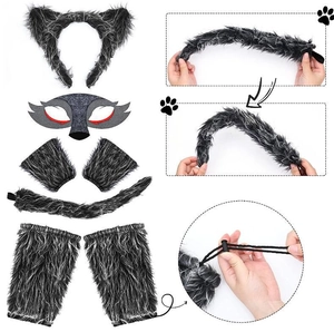 5-piece wolf cosplay set featuring grey ears headband, eye mask, paw gloves and tail