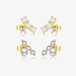 Elegant 18K Gold Plated Stud Earrings With 925 Sterling Silver Earring Post Artificial Pearl Opal Zirconia For Women