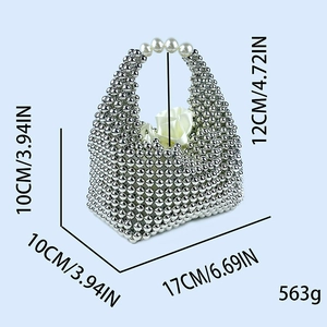 Silver beaded pillow handbag dimensions 17x10x12cm with weight 563g and pearl handle detail