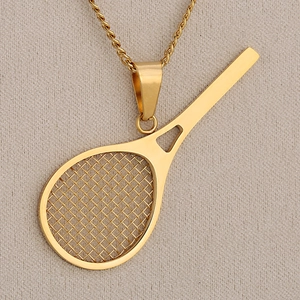 Creative stainless steel tennis racket pendant necklace in gold finish for sports fans