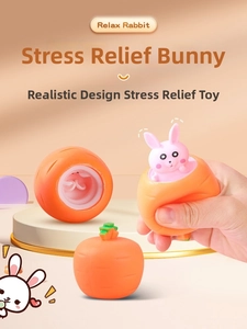 Detail showing the stress-relief carrot squeeze toy with a pop-up pink rabbit animal figure