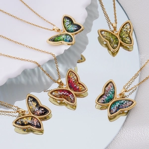 Butterfly Pendant Necklace 18K Gold Plated Copper With Gradient Iridescent Resin Wings And Zircon Elegant Jewelry Women