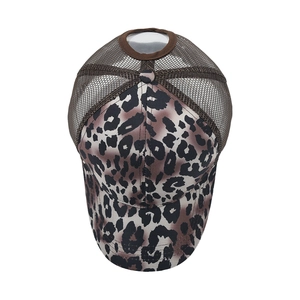 Detail of leopard print baseball cap featuring breathable mesh and high ponytail hole