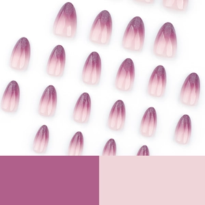 Short almond fake nails with purple gradient design and sparkling glitter finish