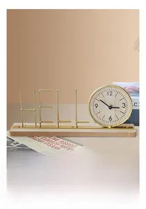 Creative iron clock with wood base and gold metal HELLO decoration for home desk
