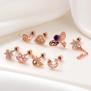 Rose gold stainless steel stud earrings set featuring wings, hearts, and stars with zircons