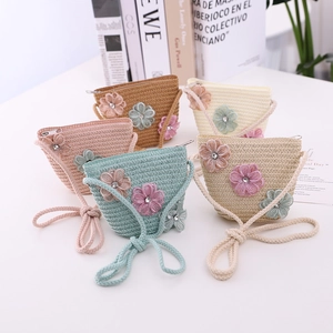 Kids handmade woven straw crossbody bags with 3D floral accents and rhinestones in five colors