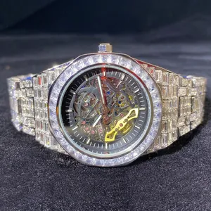 Luxurious Hip Hop Men Skeleton Mechanical Watch Full Rhinestone Metal Belt Luminous Automatic Wristwatch Fashion Male Jewelry