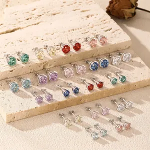 Boucles D'oreilles Puces En Zircone Cubique Ronde Avec Tige En Argent Sterling 925 Bijoux Élégants Multicolores Femmes