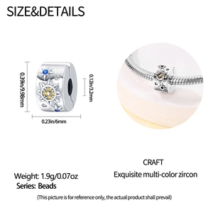 Macro view of silver crescent moon and star bead charm with zircon size specifications