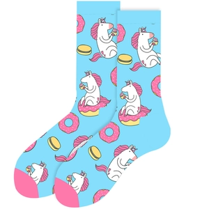 Cute light blue mid-calf socks featuring white unicorns, donuts and colorful macarons