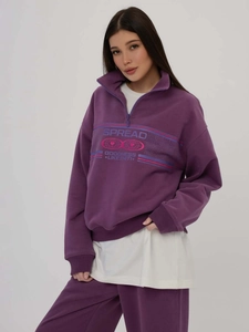 Women's purple oversize tracksuit with half-zip sweatshirt and high waist straight pants