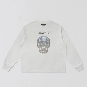 Detail of white cotton long sleeve shirt with silver metallic skull print and brand logo