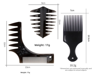 Three-piece professional hair styling comb set with detailed dimensions and weight info