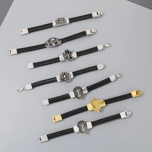 Détails de bracelets en cuir pour hommes avec charmes en métal lion, crâne et serpent