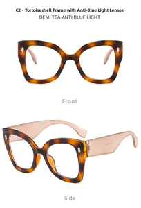 Detail of tortoise shell cat eye glasses featuring blue light blocking lenses and rivets