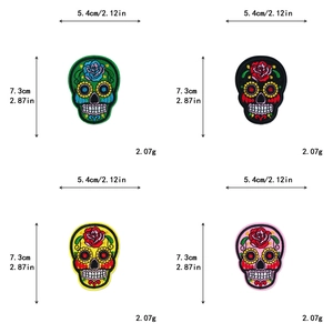 Detail view of colorful sugar skull embroidery patches with size and weight dimensions