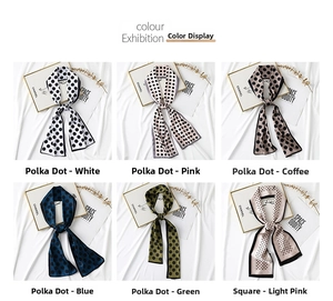 Detailed display of satin long scarves with polka dots and geometric patterns in six colors