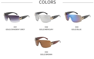 Detailed view of frameless oversized sunglasses in four colors with butterfly metal decor