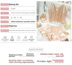 Detailansicht des Satin-Pyjama-Sets mit Rüschen-Shorts in Champagner und Blau