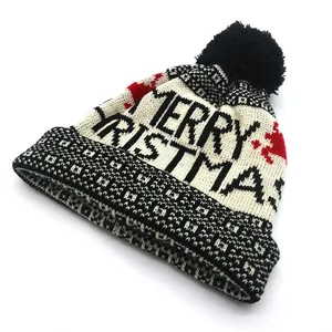 Christmas Knitted Beanie Hat Acrylic Warm Winter Pom Pom Merry Christmas Jacquard Reindeer Patterns