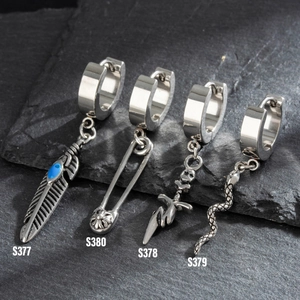 Punk style stainless steel hoop earrings set with feather, safety pin, sword and snake charms