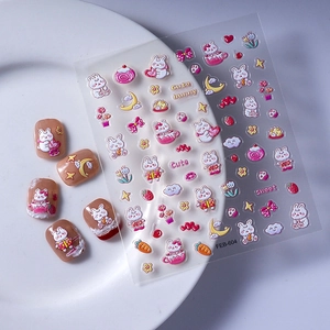 5D embossed cute rabbit nail stickers with white cartoons flowers and hearts patterns