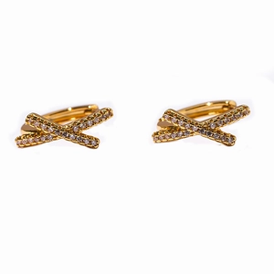 French vintage gold X-shaped cross hoop earrings with pave diamonds on white background