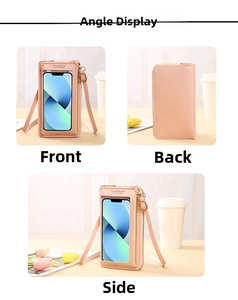 Pink PU leather crossbody bag with touch screen window and multi-angle product display