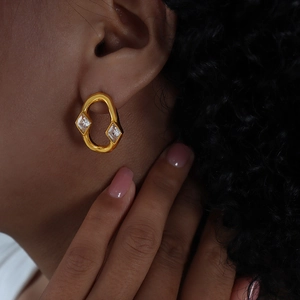 Irregular Oval Stainless Steel Hoop Earrings For Women Rhombus Rhinestone Inlaid Geometric Lightweight Fashion Jewelry