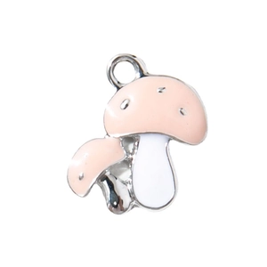 Cartoon twin mushroom charm with pink enamel top and silver metal loop for DIY jewelry