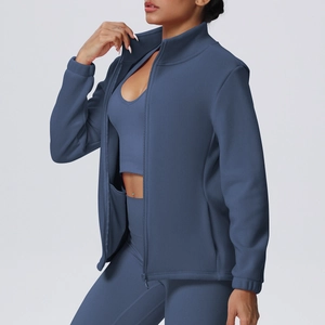 Grey-blue high neck fleece sports jacket with matching yoga pants and vest set