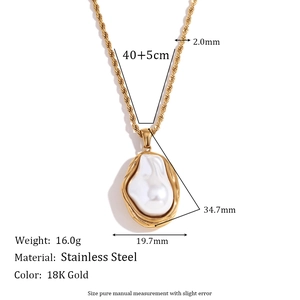 Vintage 18K gold plated stainless steel rope chain necklace with baroque pearl pendant