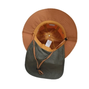 Orange and olive green nylon sun hat for kids with neck flap and chin strap