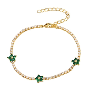 Gold-plated tennis bracelet with green zircon five-petal flowers and lobster clasp
