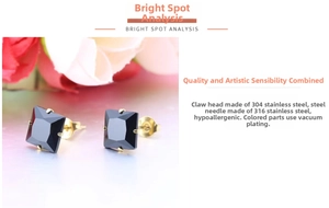Detail of square black zircon earrings with gold-plated stainless steel four-claw setting