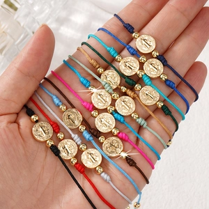 Saint Benedict Coin Woven Rope Bracelet Handmade Adjustable Religious Charm Jewelry For Women Men Vintage Style