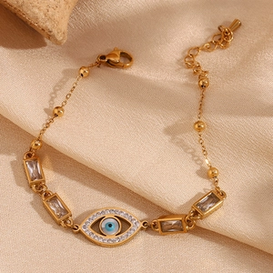 18K gold plated stainless steel evil eye bracelet with rectangular white zircon stones