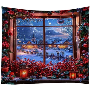 Detail of Christmas snow window tapestry featuring festive pine and warm light