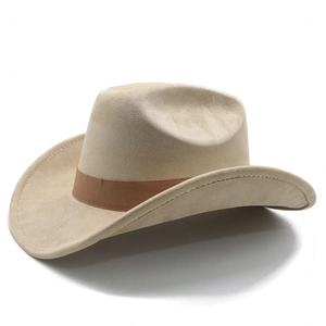 Detailed view of beige suede western cowboy hat with brown ribbon and stitched curved brim