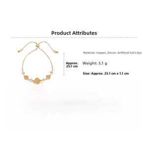 Détails du bracelet ajustable doré avec pierre œil-de-chat et mesures du produit
