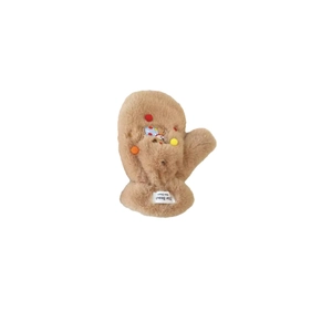 Plush light brown toddler mittens with colorful pom-pom decor and soft fleece lining