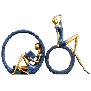 Nordic resin yoga goddess and reading girl statues in blue and gold for home decor