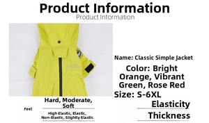 Detailed size chart for waterproof pet raincoat featuring orange, green and pink color options