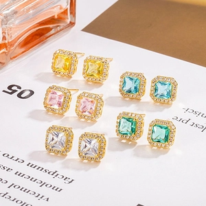 Square Cushion Cut Zircon Stud Earrings Brass Gold Plated Halo Sparkling Elegant Fashion Jewelry For Women