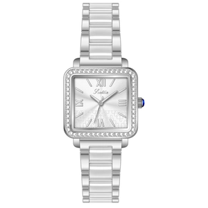 Square silver watch for women featuring diamond bezel and white ceramic steel bracelet