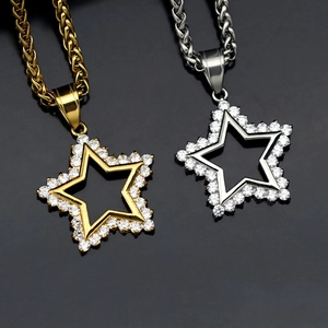 Hollow Five-Pointed Star Pendant Necklace Stainless Steel With 3A Zirconia Hip Hop Iced Out Bling Jewelry