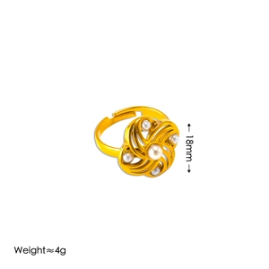 Detail of 18mm golden hollow flower ring with white pearls and 4g weight display